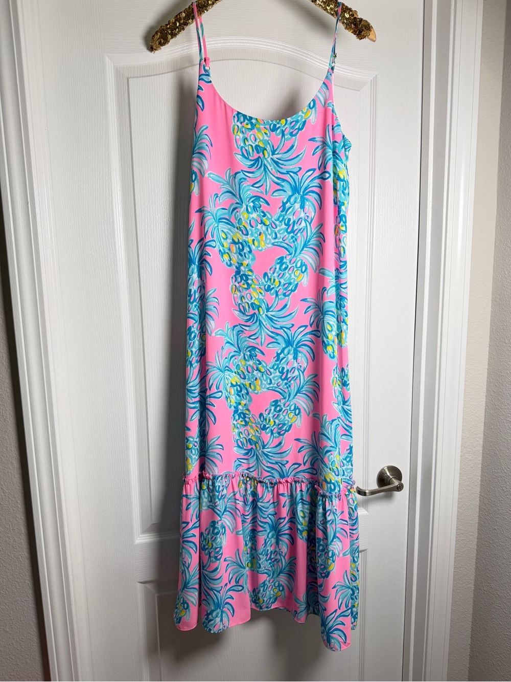 Lilly Pulitzer Winni Midi Dress in Pelican Pink Beat The Heat pineapple small